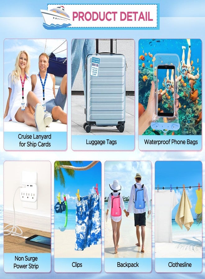 FACULX Cruise Must Haves Includes Cruise Luggage Tags, Cruise Lanyard, Waterproof Phone Bags, Travel Clothesline, Portable Backpack, Towel Clips, Power Strip for Carnival Essentials Kit (Blue and Pink) - Image 4